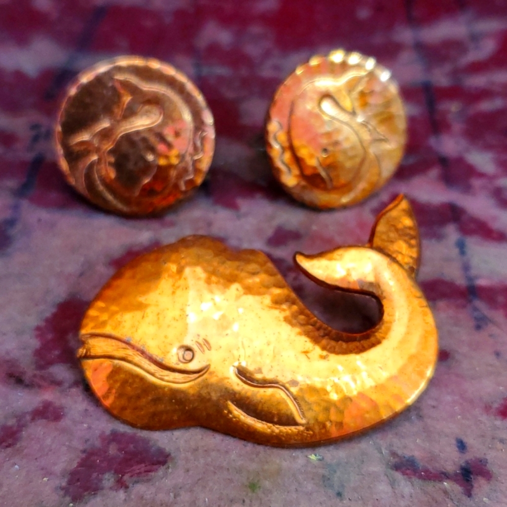 Copper Whale earrings & pin, screwback.